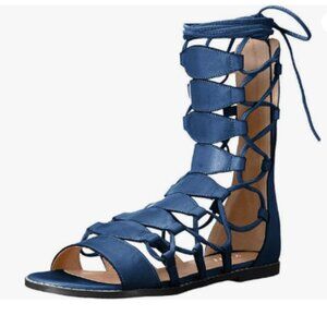 YDN Blue Ankle High Gladiator Sandals for Women Lace up Open toe Flats Zips Shoe